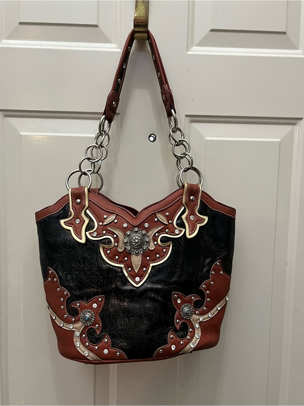 Western-Style Black & Brown Embellished Tote Bag